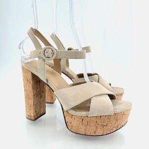 Veronica Beard Women's Lucille Cork Suede Platform Sandals Beige Size 9.5 Chunky
